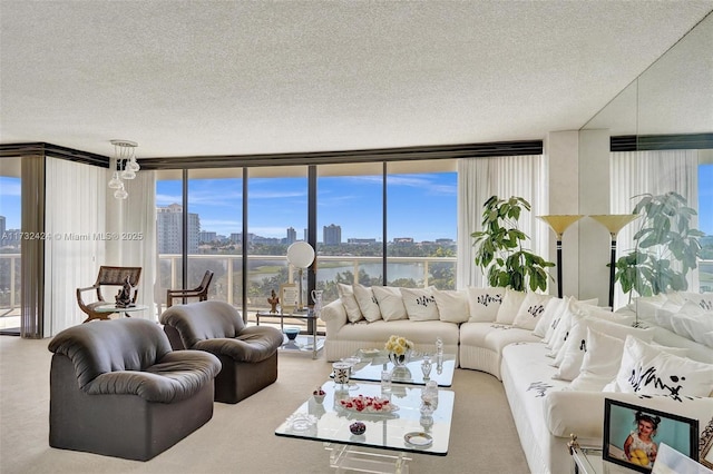 carpeted living room featuring expansive windows and a textured ceiling