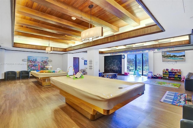 recreation room with wood-type flooring, billiards, and wooden ceiling