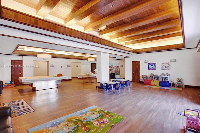 recreation room with beamed ceiling, hardwood / wood-style floors, and wood ceiling