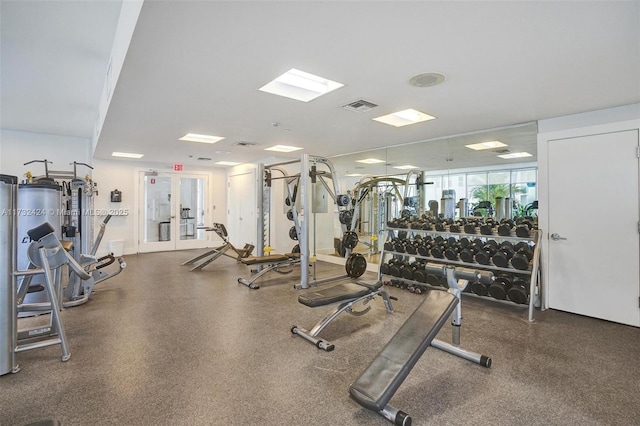 workout area featuring french doors