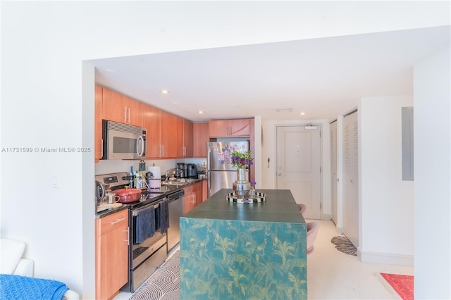 kitchen with stainless steel appliances, a center island, sink, and electric panel