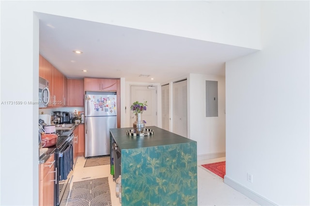 kitchen featuring a kitchen island, electric panel, and appliances with stainless steel finishes