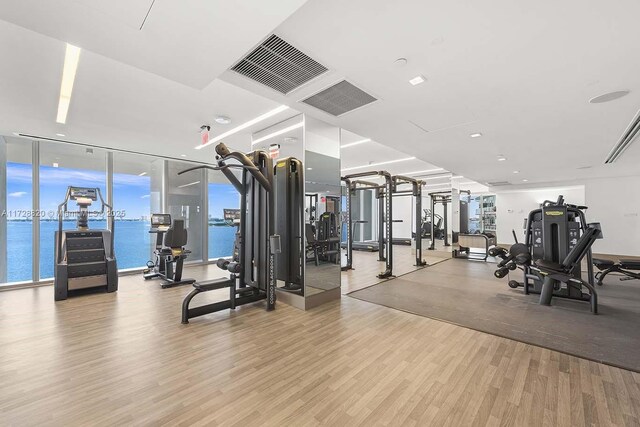 workout area with a water view, light wood-type flooring, and a wall of windows