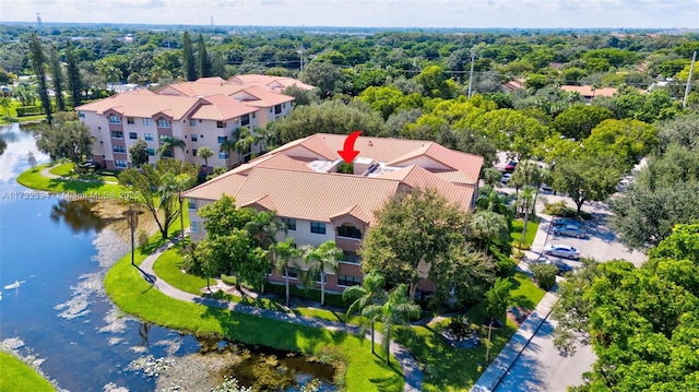 drone / aerial view featuring a water view