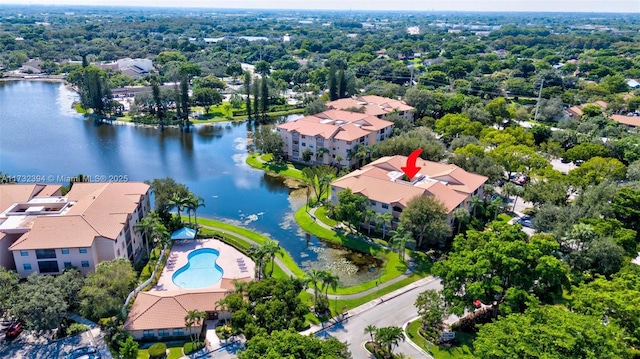 drone / aerial view featuring a water view