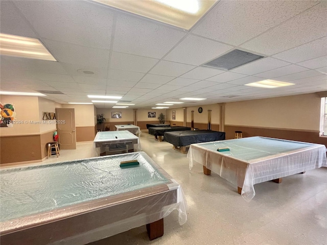 rec room with a paneled ceiling and pool table