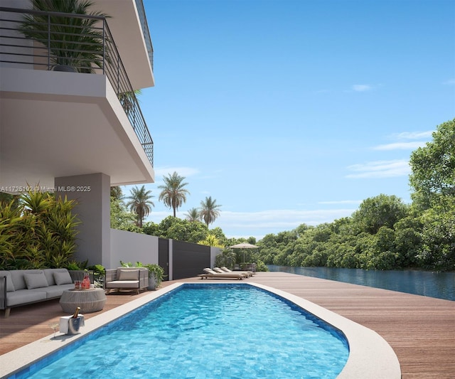 view of swimming pool featuring a deck with water view and an outdoor living space