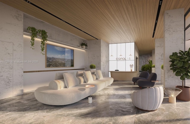 living room featuring wood ceiling