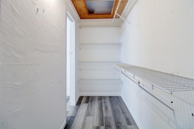 walk in closet featuring attic access and wood finished floors