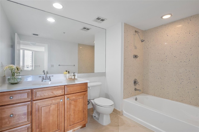 full bathroom with shower / bathing tub combination, vanity, tile patterned floors, and toilet