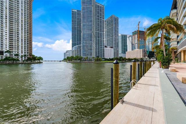 dock area featuring a city view and a water view