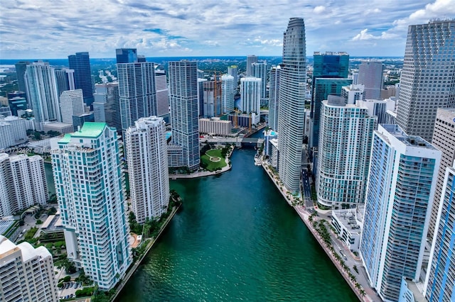 aerial view with a view of city and a water view