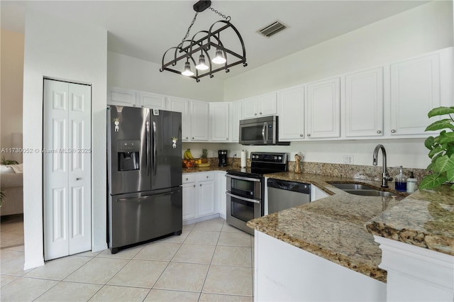 kitchen with decorative light fixtures, sink, white cabinets, kitchen peninsula, and stainless steel appliances