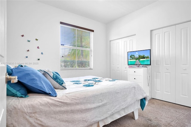 carpeted bedroom with multiple closets