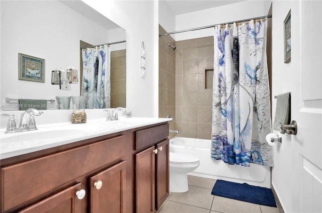 full bathroom featuring tile patterned floors, toilet, shower / tub combo, and vanity