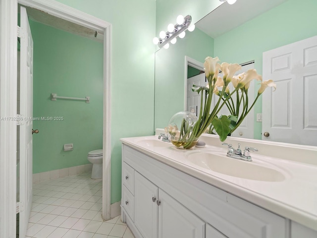 bathroom featuring vanity, toilet, and tile patterned flooring