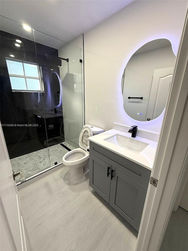 bathroom featuring walk in shower, vanity, and toilet