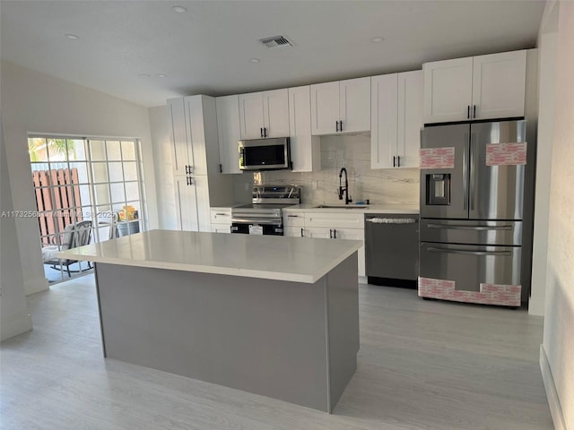 kitchen featuring a kitchen island, sink, white cabinets, decorative backsplash, and stainless steel appliances