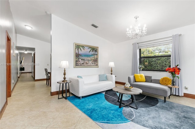 living room with light tile patterned floors, baseboards, visible vents, lofted ceiling, and a chandelier