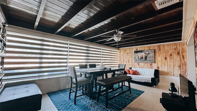 interior space featuring wood walls, wood ceiling, ceiling fan, beam ceiling, and tile patterned flooring