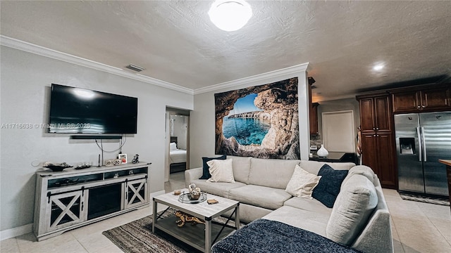 tiled living room featuring crown molding and a textured ceiling