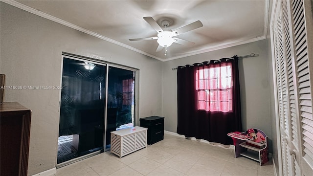 interior space featuring ceiling fan, ornamental molding, and light tile patterned floors