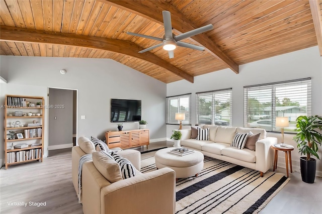 living room with light hardwood / wood-style flooring, wooden ceiling, lofted ceiling with beams, and ceiling fan