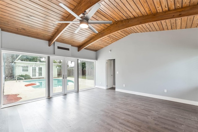 empty room featuring french doors, vaulted ceiling with beams, wood ceiling, wood-type flooring, and ceiling fan