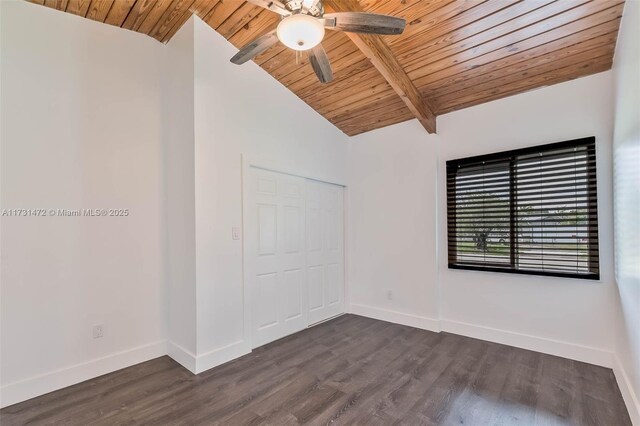 bedroom with wood ceiling, ceiling fan, vaulted ceiling with beams, dark hardwood / wood-style flooring, and a closet