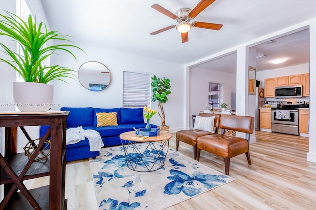 living room featuring ceiling fan and light hardwood / wood-style flooring