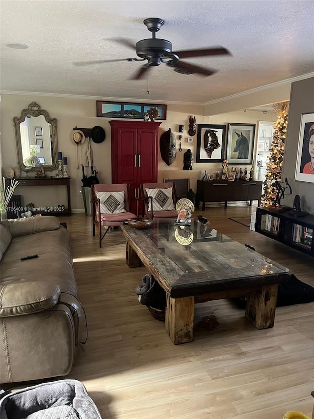 living room featuring ceiling fan, crown molding, a textured ceiling, and light wood-type flooring