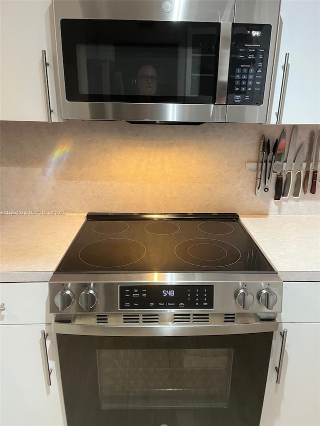 room details featuring stainless steel appliances and white cabinetry