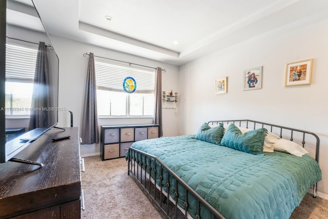 bedroom featuring a raised ceiling, carpet floors, and multiple windows