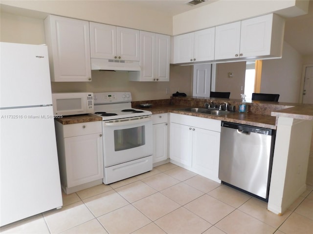 kitchen with sink, white appliances, light tile patterned floors, white cabinetry, and kitchen peninsula