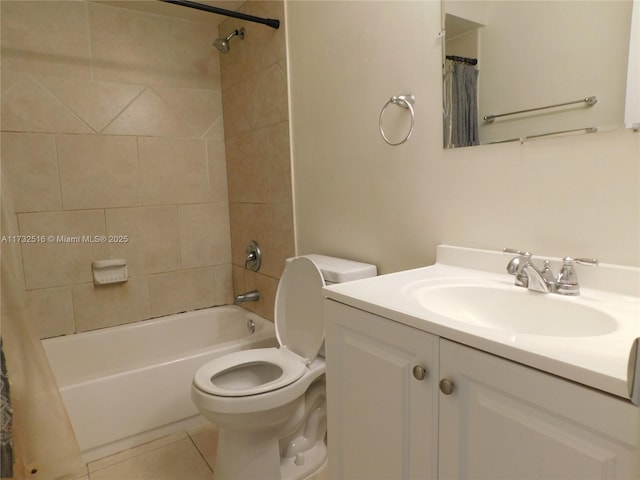 full bathroom with shower / tub combo with curtain, vanity, toilet, and tile patterned flooring