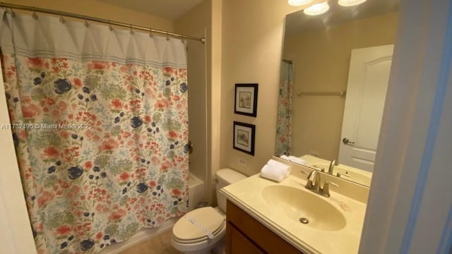 full bathroom featuring toilet, vanity, shower / bathtub combination with curtain, and tile patterned flooring