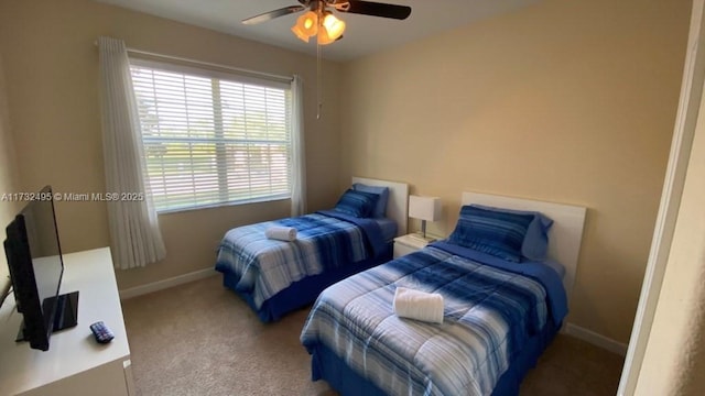 carpeted bedroom with multiple windows and ceiling fan