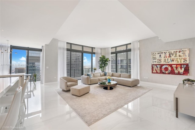 tiled living room featuring expansive windows