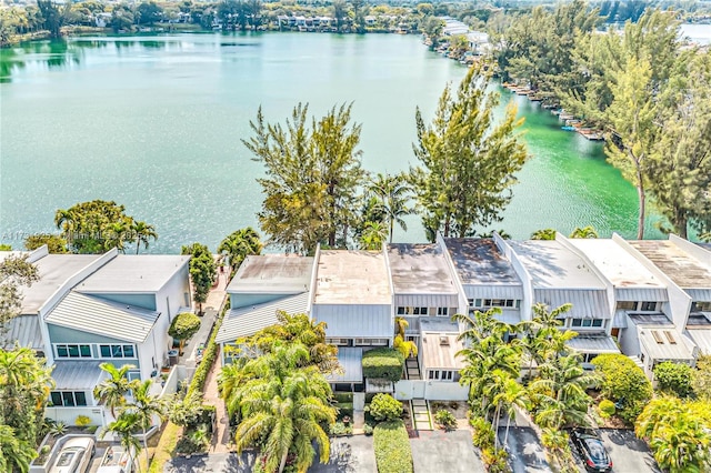 drone / aerial view with a water view