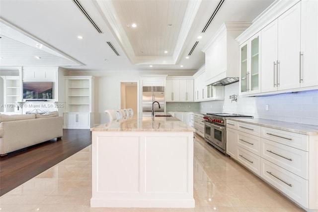 kitchen with white cabinets, premium appliances, light stone counters, a tray ceiling, and a center island with sink