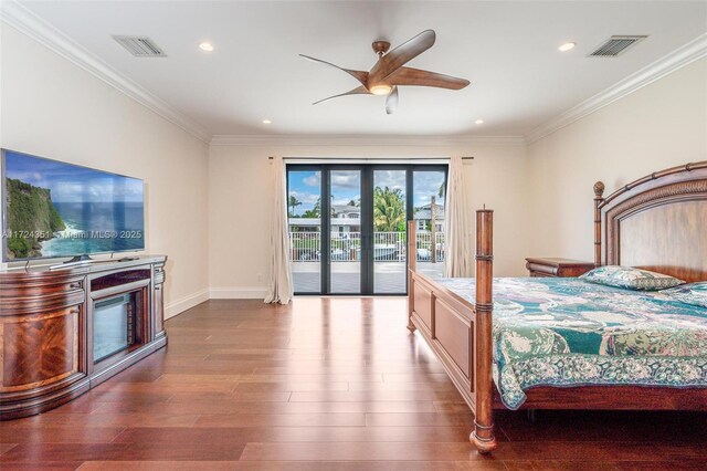 bedroom featuring crown molding, ceiling fan, access to exterior, dark hardwood / wood-style floors, and french doors