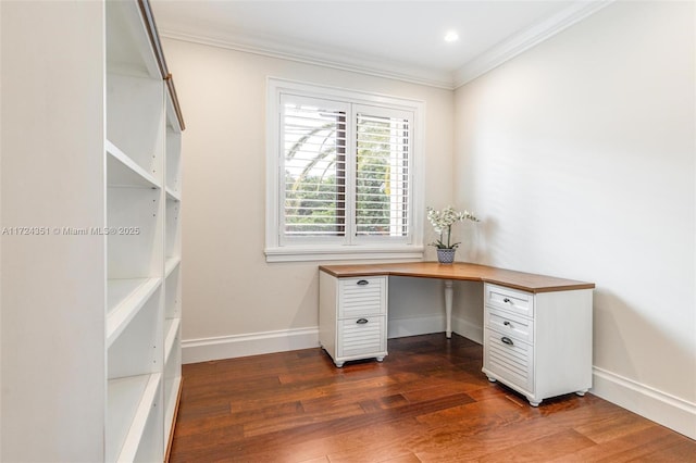 unfurnished office with crown molding and dark hardwood / wood-style floors