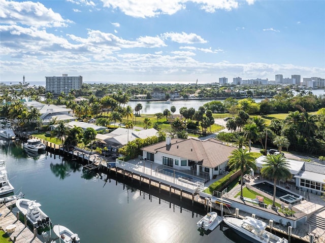 aerial view featuring a water view