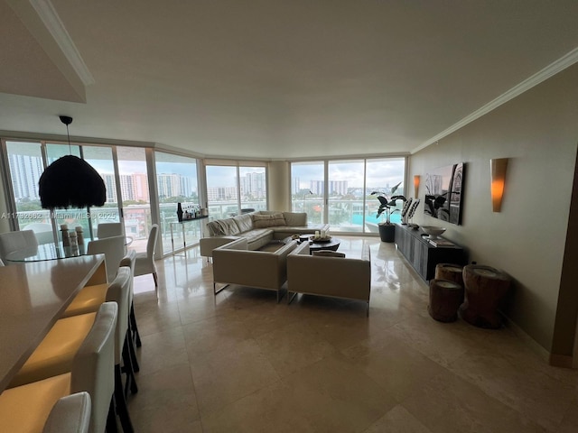 living room with expansive windows and crown molding