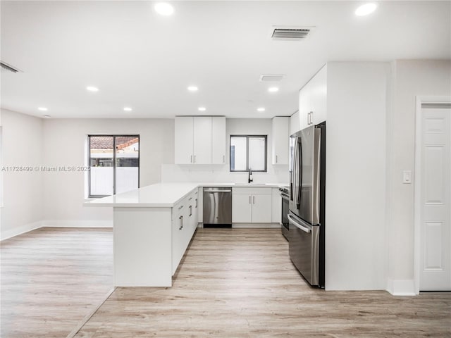 kitchen featuring appliances with stainless steel finishes, sink, white cabinets, light hardwood / wood-style floors, and kitchen peninsula