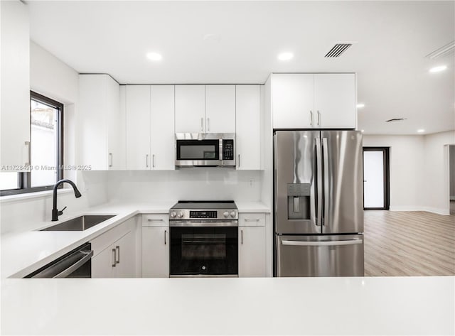 kitchen with sink, white cabinetry, stainless steel appliances, decorative backsplash, and light wood-type flooring