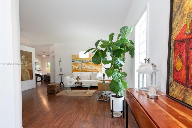 interior space featuring wood-type flooring and ceiling fan