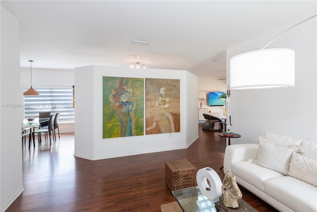 living room with dark hardwood / wood-style flooring