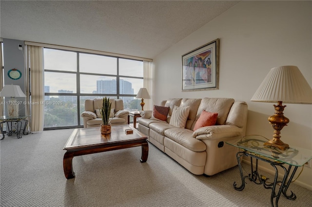 carpeted living room featuring a wall of windows and a textured ceiling