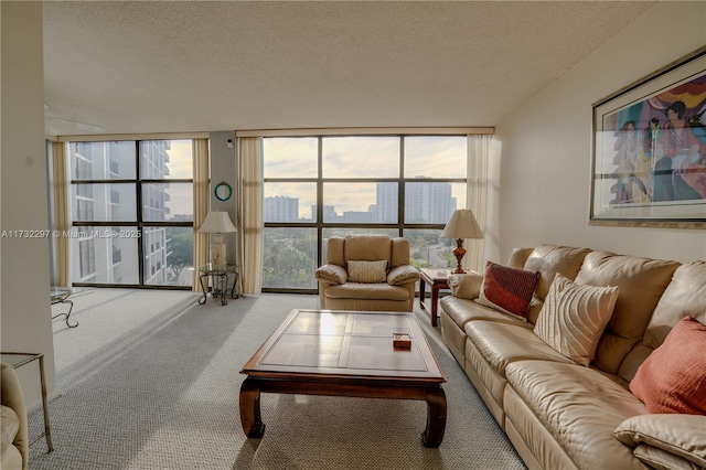 living room with a wall of windows, a healthy amount of sunlight, light colored carpet, and a textured ceiling